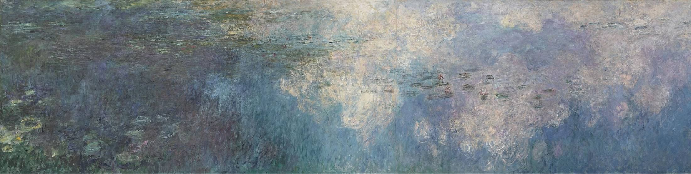 A wide stretch of the lily pond reflecting drifting white clouds, the lily pads gathered in loose clusters.