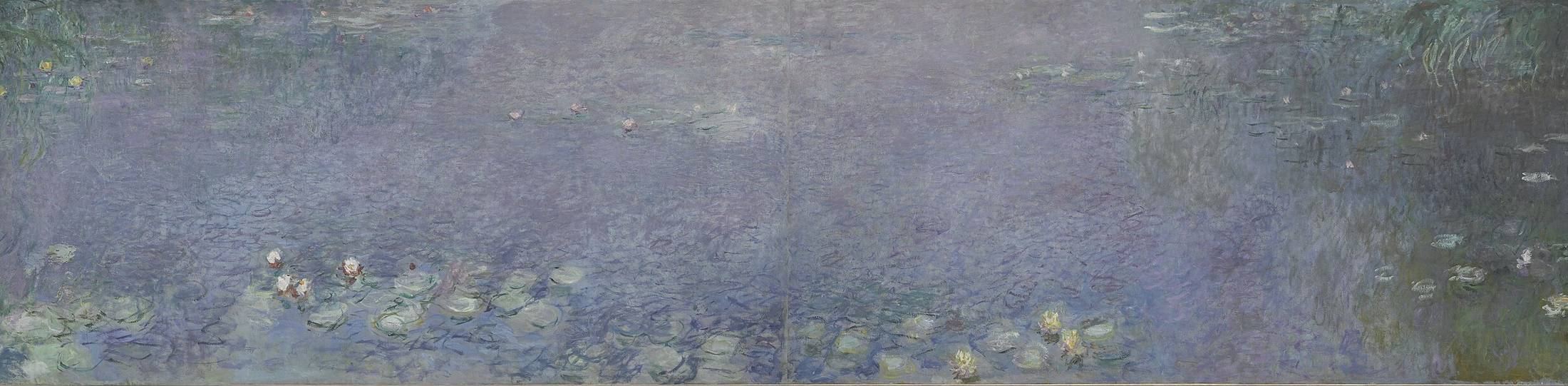 A long, low panorama of Monet’s lily pond in soft violet morning light, pale blossoms drifting across the surface.